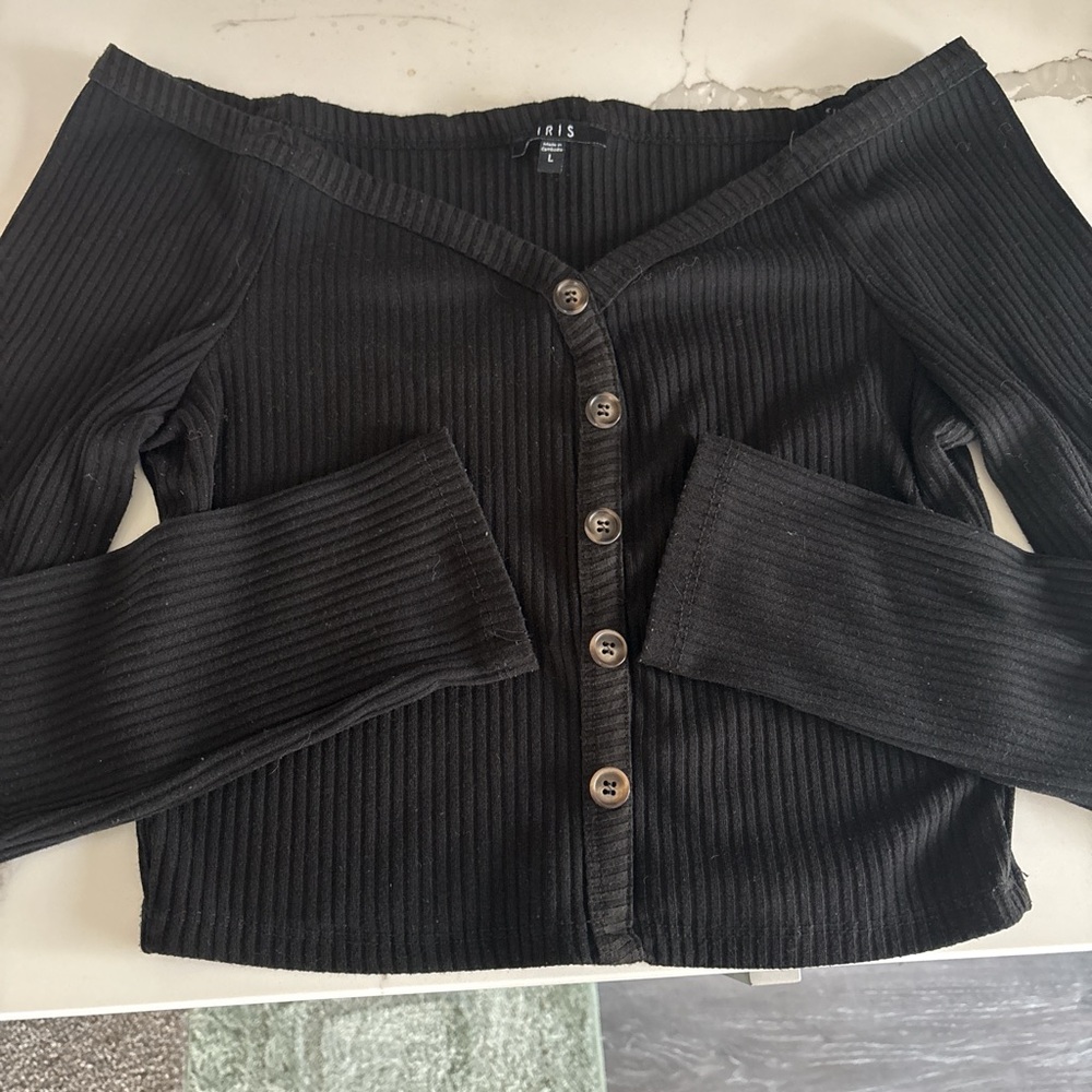Iris Black Off-Shoulder Button Sweater